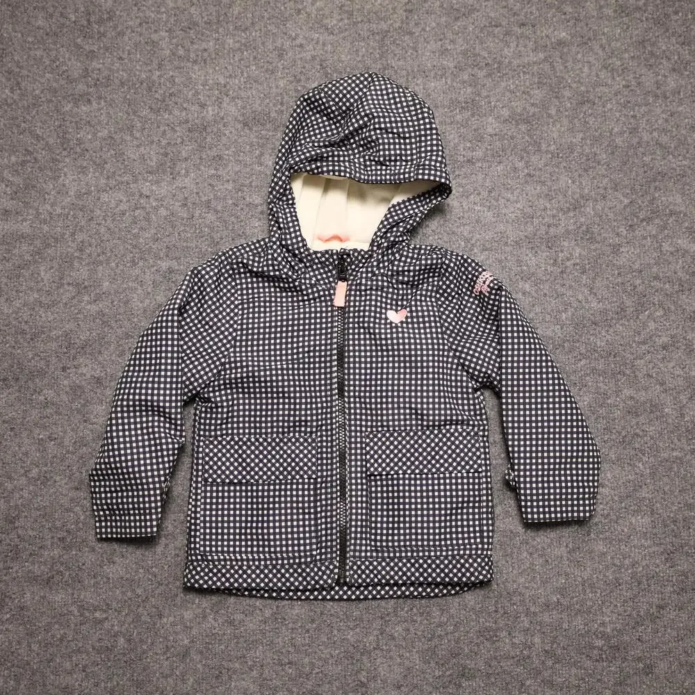 OshKosh B'gosh Jacket Toddler Girls 2T Blue Gingham Hooded Fleece Lined Raincoat